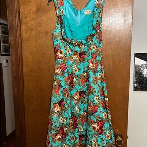 Lindy Bop Turquoise Floral Midi Dress & Petticoat
